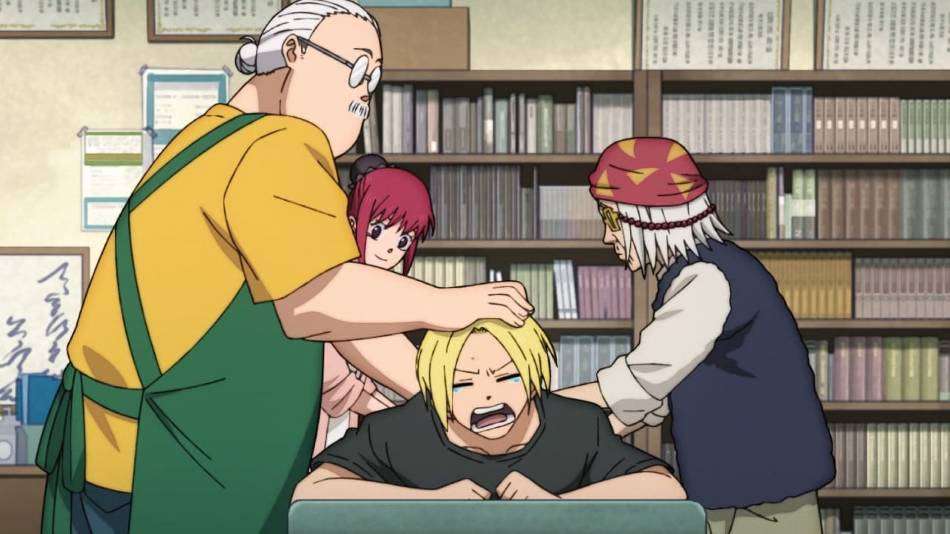 Sakamoto and his friends at Granny Miya's clinic, as seen in the episode (Image via TMS Entertainment)